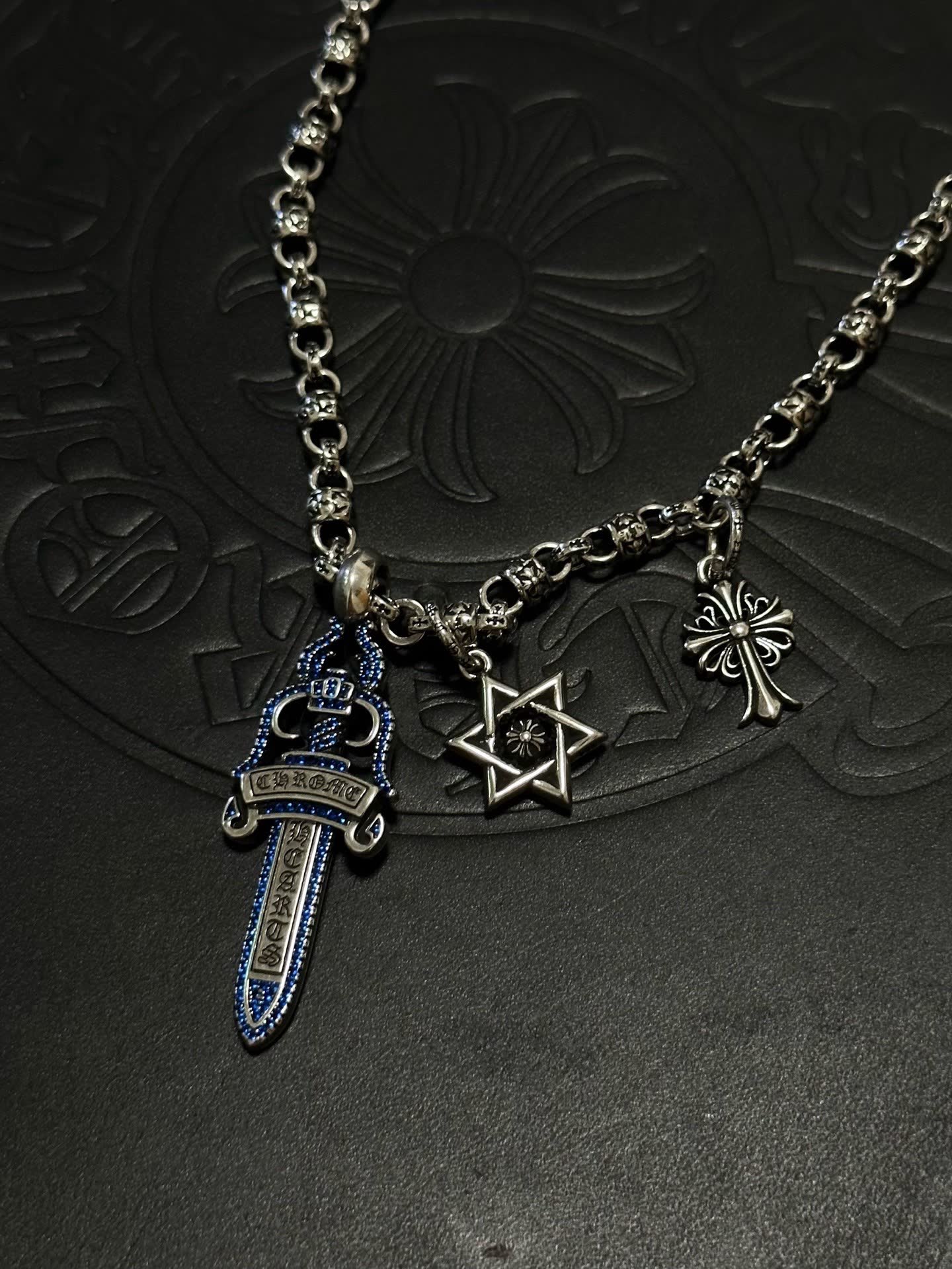 Chrome Hearts Silver Chain with Sword, Star of David, and Cross Charms